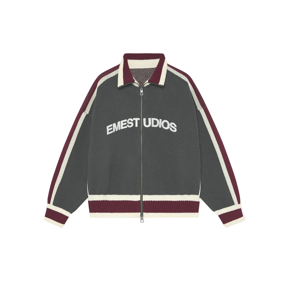Retro Harajuku Men Spliced Zip up Knit Sweater Cardigan Fashionable Casual Sweater American Y2k Letter Embroidery Clothe Women