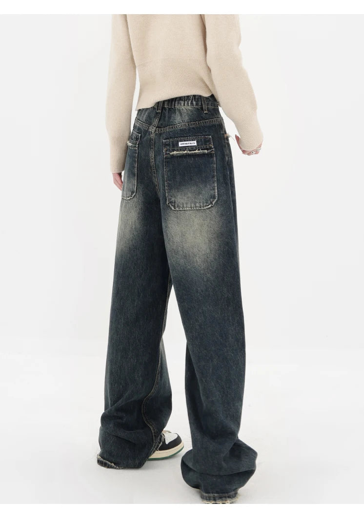 Harajuku Streetwear Retro Fashion Autumn Women High Waist Jeans Loose Wide Leg Straight Loose Denim Trousers Y2K Baggy Pants