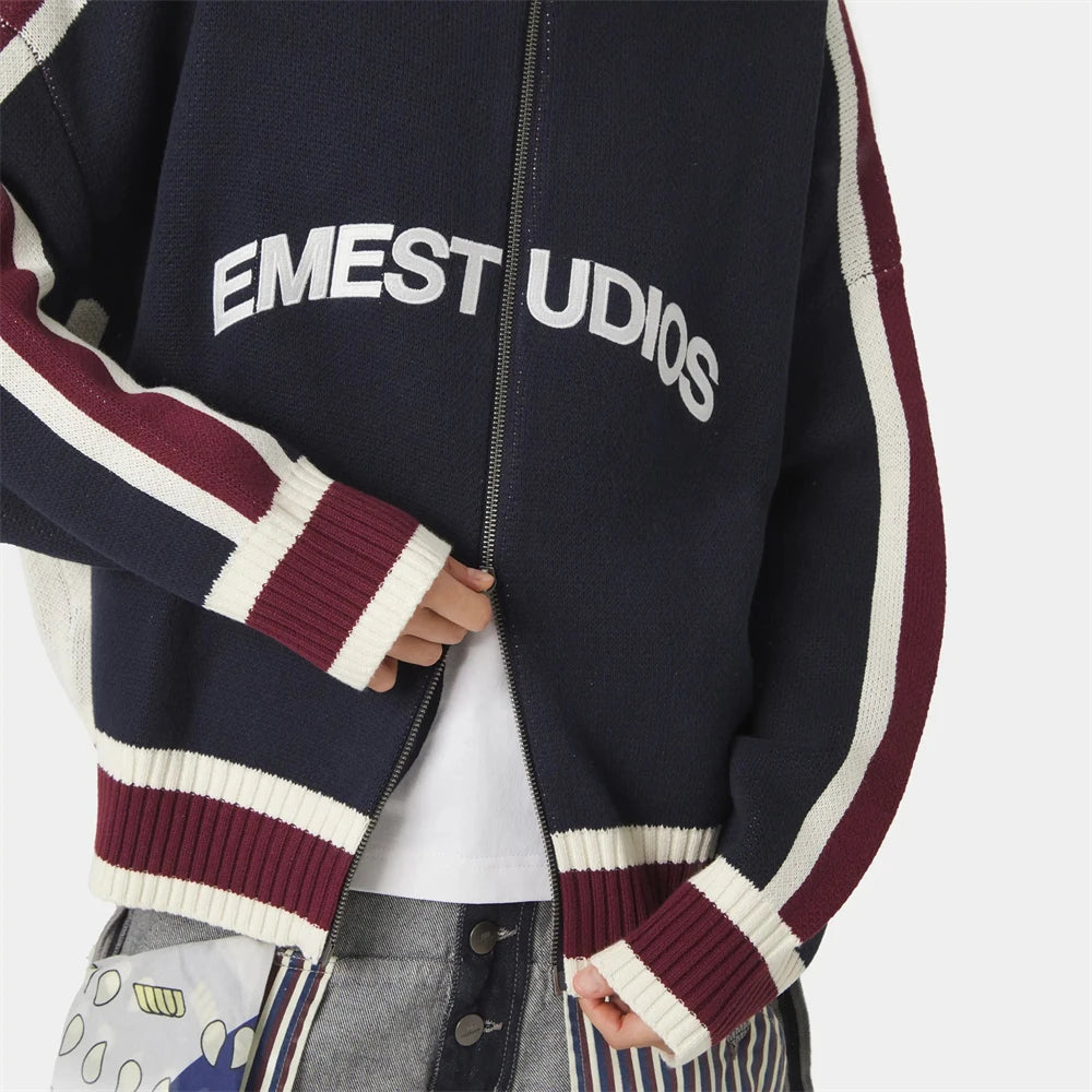 Retro Harajuku Men Spliced Zip up Knit Sweater Cardigan Fashionable Casual Sweater American Y2k Letter Embroidery Clothe Women