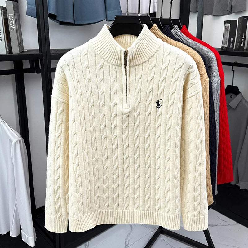 Heshi Brand Fashion American 2025 Vintage Stand Collar Zipper Embroidery Sweater Fried Dough Twists 3D Autumn Winter Knitwear