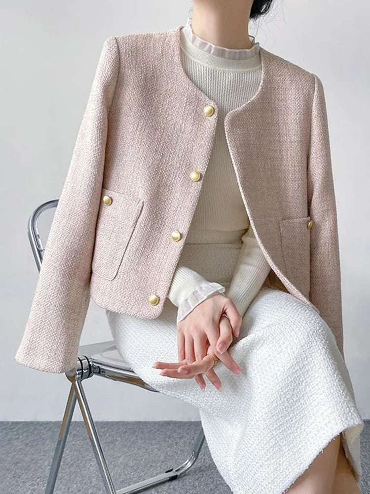 Jmprs Pink Slim Sweet Tweed Jacket Women Long Sleeve Vintage O Neck Korean Short Coat Female Pockets Fall Winter Elegant Tops