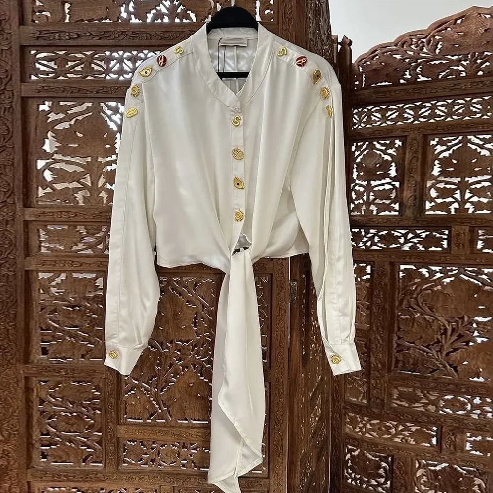 VGH Hot Girl Patchwork Buttons Blouses for Women Stand Collar Split Long Sleeve Spliced Lace Up Hem Vintage Short Top Female New