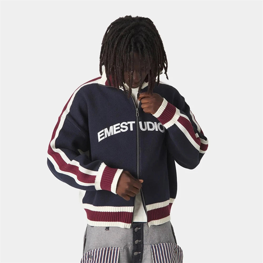 Retro Harajuku Men Spliced Zip up Knit Sweater Cardigan Fashionable Casual Sweater American Y2k Letter Embroidery Clothe Women