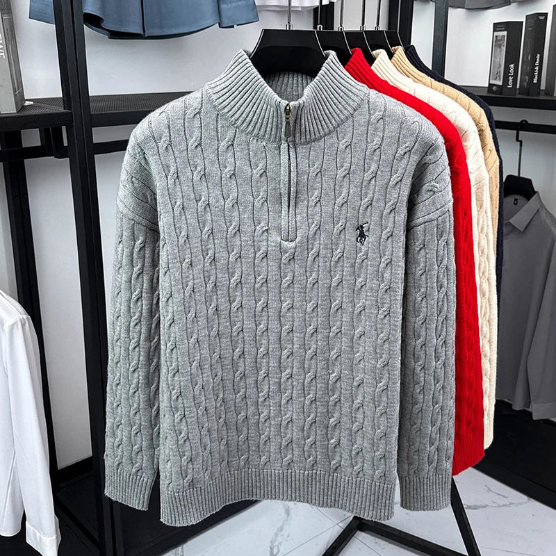 Heshi Brand Fashion American 2025 Vintage Stand Collar Zipper Embroidery Sweater Fried Dough Twists 3D Autumn Winter Knitwear