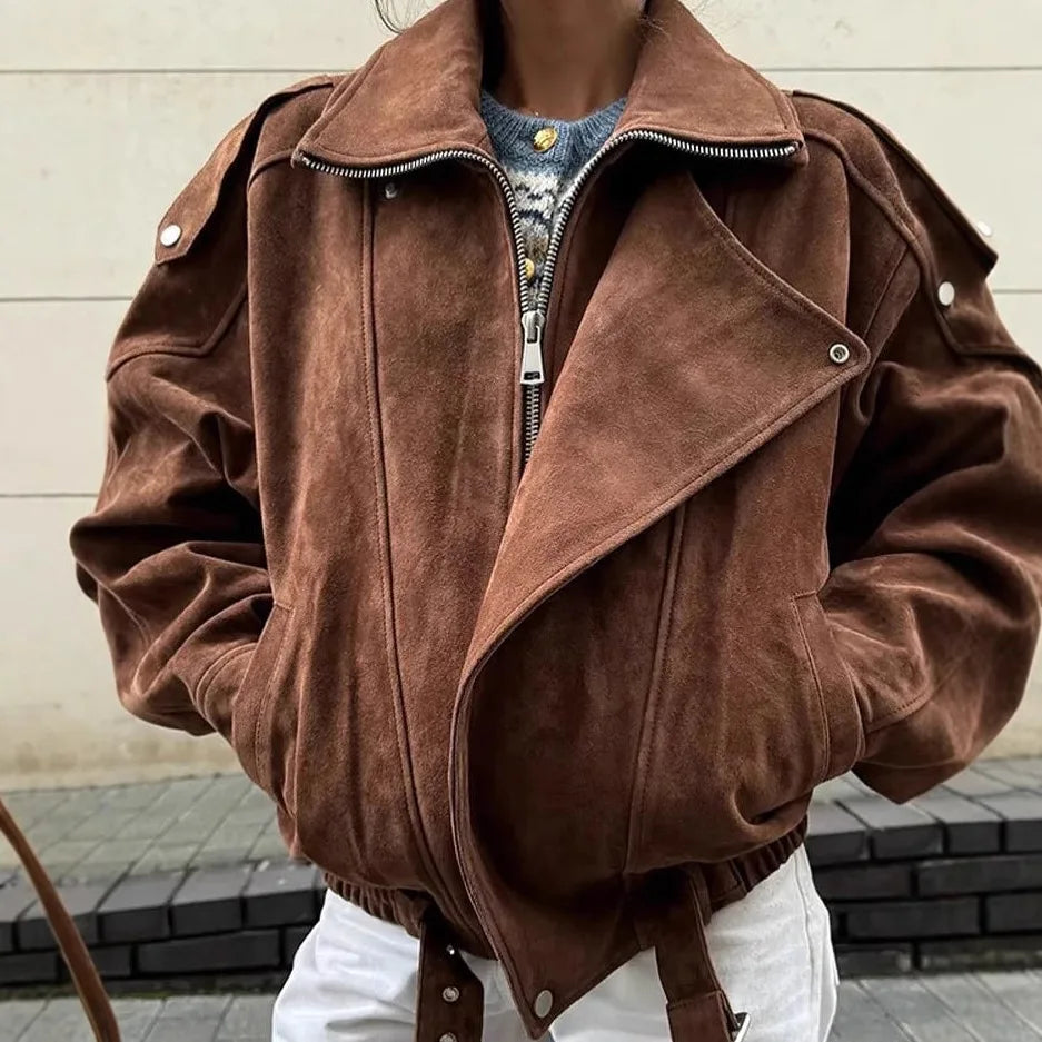 2025 New Autumn Women's Faux Suede Jacket Long Sleeve Lapel Zipper Coat Vintage Brown Outwears Lady Fashion Streetwear