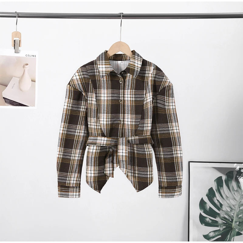 Women Belt Waisted Shirt Vintage Shoulder Pad Long Sleeves Button Up Turn-down Collar Loose Blouse Streetwear Chic Casual Shirts