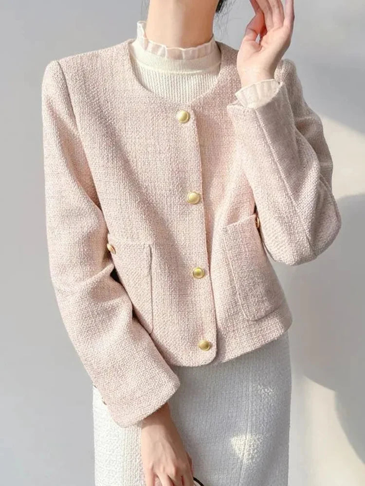 Jmprs Pink Slim Sweet Tweed Jacket Women Long Sleeve Vintage O Neck Korean Short Coat Female Pockets Fall Winter Elegant Tops