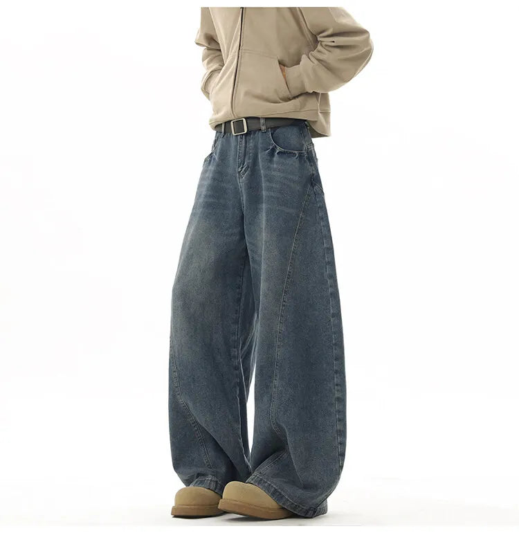 Wide Leg Jeans Men Denim Dark Blue Floor Sweeping Baggy Trousers Street Dance Hip Hop Unisex Urban Fashion Urban Streetwear