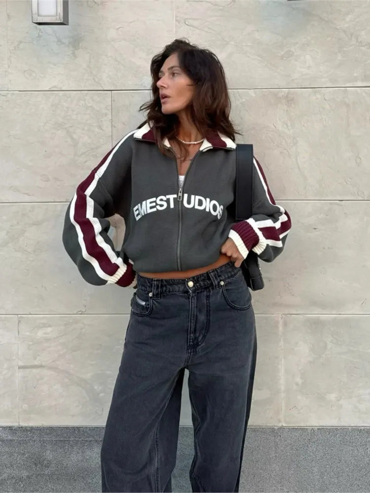 Retro Harajuku Men Spliced Zip up Knit Sweater Cardigan Fashionable Casual Sweater American Y2k Letter Embroidery Clothe Women