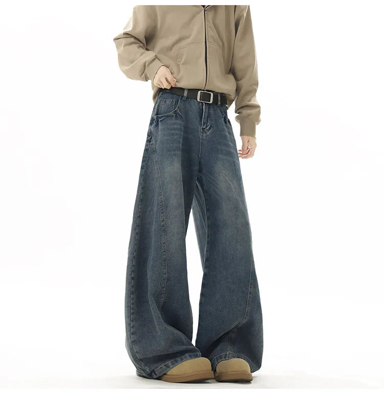Wide Leg Jeans Men Denim Dark Blue Floor Sweeping Baggy Trousers Street Dance Hip Hop Unisex Urban Fashion Urban Streetwear